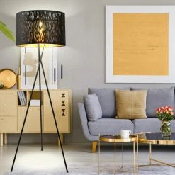 ETC-SHOP Lampadaire Tripode Lampe De Salon Or Noir 3 Pieds Lampadaire Chambre, Textile Métal, 1x E27, DxH 62x160 Cm -Lampadaire Soldes 2022 13538335 3