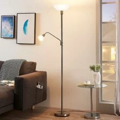 LINDBY LED Lampadaire 'Jost' En Métal Pour Salon & Salle à Manger - Nickel Satiné, Blanc Givré