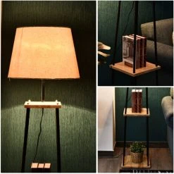 HOMCOM Lampadaire Design Contemporain Dim. 40L X 40l X 160H Cm 40 W Max. 3 étagères Intégrées Bois Massif Caoutchouc Métal Noir Lin Beige - Beige -Lampadaire Soldes 2022 16806677 5