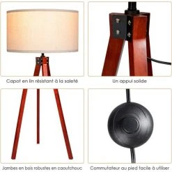 COSTWAY Lampadaire Trépied En Bois 152,5CM Avec Abat-jour En Lin, Commutateur Au Pied Style Scandinave Lampe E27 Pour Salon,Chambre -Lampadaire Soldes 2022 16999026 4