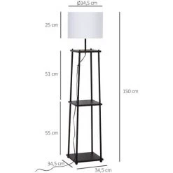 HOMCOM Lampadaire Design Contemporain 3 étagères Intégrées 40 W Max. Dim. 34L X 34l X 150H Cm MDF Métal Noir Abat-jour Blanc -Lampadaire Soldes 2022 20157754 3