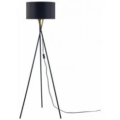 AUTRES Lampadaire Trépied Métal Noir - Abat Jour En Tissu Noir Et Doré - Diam 34 X H 140 Cm