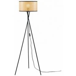 AUTRES Lampadaire Trépied Métal Noir - Abat Jour Cannage PVC Liseré Noir - Diam 34 X H 140 Cm