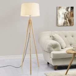 [lux.pro] Lampadaire Lampe à Pied Avec Abat-jour Bois Métal Tissu Effet Bois Et Blanc 153 Cm