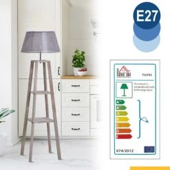 HOMCOM Lampadaire Design Contemporain 2 étagères Intégrées 60 W Max. Dim. 53L X 53l X 148H Cm Pin Lin Gris - Gris -Lampadaire Soldes 2022 21630425 4