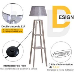 HOMCOM Lampadaire Design Contemporain 2 étagères Intégrées 60 W Max. Dim. 53L X 53l X 148H Cm Pin Lin Gris - Gris -Lampadaire Soldes 2022 21630425 5