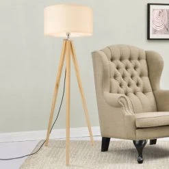 [lux.pro] Lampadaire Lampe Sur 3 Pieds Tripod En Métal Et Tissu Hauteur 152 Cm Abat-jour 50 Cm Couleur Bois Et Blanc