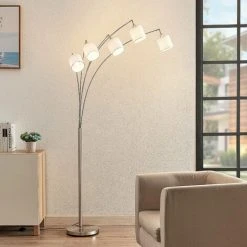 LINDBY Lampadaire 'Stannis' En Métal Pour Salon & Salle à Manger - Nickel Mat, Blanc -Lampadaire Soldes 2022 24869258 2