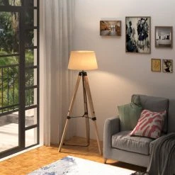 HOMCOM Lampadaire Trépied Hauteur Réglable 65 X 65 X 99-143 Cm Lampe De Sol 40 W Bois Style Nordique Beige - Beige -Lampadaire Soldes 2022 25007767 4