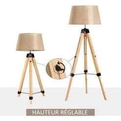 HOMCOM Lampadaire Trépied Hauteur Réglable 65 X 65 X 99-143 Cm Lampe De Sol 40 W Bois Style Nordique Beige - Beige -Lampadaire Soldes 2022 25007767 5