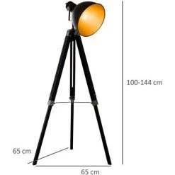 HOMCOM Lampadaire Trépied Style Industriel Hauteur Réglable Abat-jour Ajustable E27 40W Max. 65 X 65 X 100-144 Cm Bois Métal Noir Et Doré - Noir -Lampadaire Soldes 2022 25009337 3