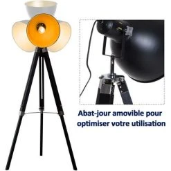 HOMCOM Lampadaire Trépied Style Industriel Hauteur Réglable Abat-jour Ajustable E27 40W Max. 65 X 65 X 100-144 Cm Bois Métal Noir Et Doré - Noir -Lampadaire Soldes 2022 25009337 5