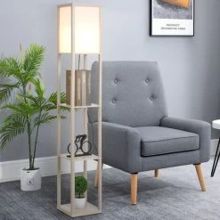 HOMCOM Lampadaire étagère Lampe étagère 26L X 26l X 160H Cm 3 étagères 4 Niveaux MDF Gris Clair -Lampadaire Soldes 2022 27155567 5