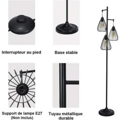 COSTWAY Lampadaire Style Industriel 170x25CM Avec 3 Abat-Jours En Métal,193CM Câble E27 (Ampoule Non Incluse) -Lampadaire Soldes 2022 30763757 3