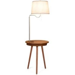 COSTWAY Lampadaire 3 En 1 Table De Nuit En Bois Prise USB Chargeur Sans Fil Intégrés Abat-jour En Tissu Tête De Lampe Réglable