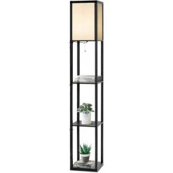 GOPLUS Lampadaire Intérieur 1,6M Avec Tablettes De Rangement à 3 Niveaux, Lampe Sur Pied, Abat-jour En Tissu, Ampoule E27+60W(NON Inclue), Socle ?26CM, Pour Salon/Bureau/Chambre (Noir)
