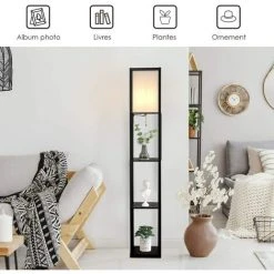 GOPLUS Lampadaire Intérieur 1,6M Avec Tablettes De Rangement à 3 Niveaux, Lampe Sur Pied, Abat-jour En Tissu, Ampoule E27+60W(NON Inclue), Socle ?26CM, Pour Salon/Bureau/Chambre (Noir) -Lampadaire Soldes 2022 34761631 3