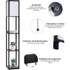 GOPLUS Lampadaire Intérieur 1,6M Avec Tablettes De Rangement à 3 Niveaux, Lampe Sur Pied, Abat-jour En Tissu, Ampoule E27+60W(NON Inclue), Socle ?26CM, Pour Salon/Bureau/Chambre (Noir) -Lampadaire Soldes 2022 34761631 4