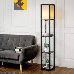GOPLUS Lampadaire Intérieur 1,6M Avec Tablettes De Rangement à 3 Niveaux, Lampe Sur Pied, Abat-jour En Tissu, Ampoule E27+60W(NON Inclue), Socle ?26CM, Pour Salon/Bureau/Chambre (Noir) -Lampadaire Soldes 2022 34761631 5