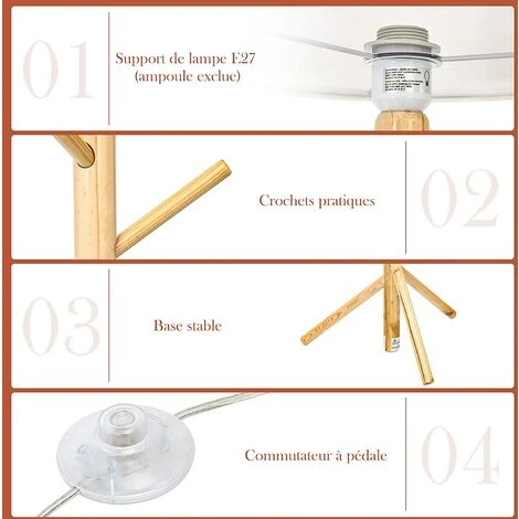 COSTWAY Lampe Sur Pied 185CM 2 En 1 Porte Manteau En Bois Avec 6 Crochets Interrupteur à Pied Lampe E27 En Tissu Pour Salon Chambre 5 COSTWAY Lampe Sur Pied 185CM 2 En 1 Porte Manteau En Bois Avec 6 Crochets Interrupteur à Pied Lampe E27 En Tissu Pour Salon Chambre – Image 3