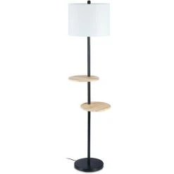 Relaxdays Lampe Sur Pied Avec Tables, HxLxP 159 X 45 X 38 Cm, 2 Tablettes, Abat-jour Tissu, E27, Métal, Bois, Noir/blanc -Lampadaire Soldes 2022 35400997 2