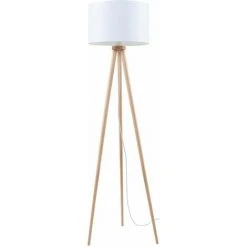 ETC-SHOP Lampadaire Bois Tripode Lampadaire Tripode Bois Lampadaire Design Scandinave, Coloris Naturel Avec Abat-jour Rond En Blanc, 1x E27, H 160 Cm