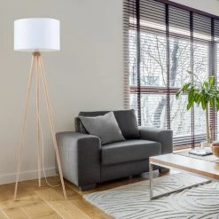 ETC-SHOP Lampadaire Bois Tripode Lampadaire Tripode Bois Lampadaire Design Scandinave, Coloris Naturel Avec Abat-jour Rond En Blanc, 1x E27, H 160 Cm -Lampadaire Soldes 2022 35684028 3