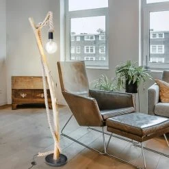 ETC-SHOP Lampadaire Corde Rosée Lampadaire Bois Métal Lampadaire Salon Tronc De Bois, Eucalyptus Naturellement Cultivé Avec Corde De Chanvre, Interrupteur à Pied, LxH 32x150 Cm -Lampadaire Soldes 2022 35684225 3