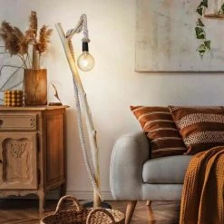 ETC-SHOP Lampadaire Corde Rosée Lampadaire Bois Métal Lampadaire Salon Tronc De Bois, Eucalyptus Naturellement Cultivé Avec Corde De Chanvre, Interrupteur à Pied, LxH 32x150 Cm -Lampadaire Soldes 2022 35684225 4