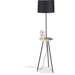 Relaxdays Lampadaire Trépied Avec Table, HxD: 151 X 36 Cm,; 3 Pieds, Abat-jour En Tissu, Prise E27, Métal, Bois, Noir