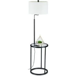 Relaxdays Lampe Sur Pied Avec Table, HxD: 156 X 40,5 Cm, Douille E27, Verre, Métal, Lampadaire Moderne, Noir/blanc