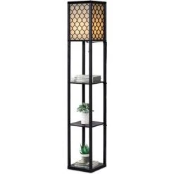 GOPLUS Lampadaire Intérieur 1,6M Avec Tablettes De Rangement à 3 Niveaux, Lampe Sur Pied, Abat-jour En Tissu, Ampoule E27+60W(NON Inclue), Socle ?26CM, Pour Salon/Bureau/Chambre (Noir Avec Grille)