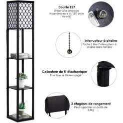 GOPLUS Lampadaire Intérieur 1,6M Avec Tablettes De Rangement à 3 Niveaux, Lampe Sur Pied, Abat-jour En Tissu, Ampoule E27+60W(NON Inclue), Socle ?26CM, Pour Salon/Bureau/Chambre (Noir Avec Grille) -Lampadaire Soldes 2022 40243696 4