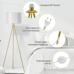 FEMOR Lampadaire Sur Pied, Lampadaire Style Moderne Avec Trépied En Métal D'Or, Abat-jour Satiné Blanc, Lampadaire Douille E27, Lumière Douce Naturelle, Pour Salon, Chambre, Bureau -Lampadaire Soldes 2022 41627728 3