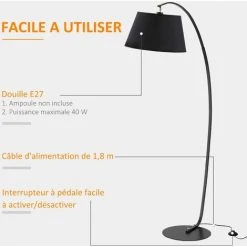 HOMCOM Lampadaire Arc - Lampadaire Arceau Courbé Design Néo-rétro - Pied Corps Métal, Abat-jour Polyester Coton Noir -Lampadaire Soldes 2022 42169138 5