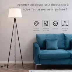 HOMCOM Lampadaire Trépied Design Contemporain 40 W Max. 170H Cm Métal Polyester Coton Noir Blanc - Noir -Lampadaire Soldes 2022 42169139 4