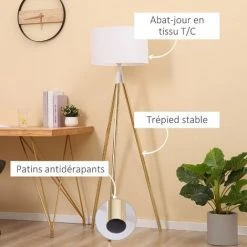 HOMCOM Lampadaire Trépied Style Art Déco 40 W Max. H.144 Cm Piètement Métal Doré Abat-jour Polyester Coton Blanc -Lampadaire Soldes 2022 47140923 4