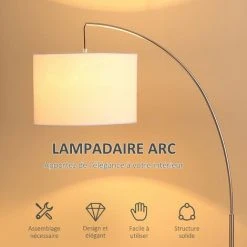 HOMCOM Lampadaire Arc - Lampadaire Arceau Courbé Design Contemporain - Pied Corps Métal Chromé, Abat-jour Polyester Coton Blanc - Gris -Lampadaire Soldes 2022 47140936 4