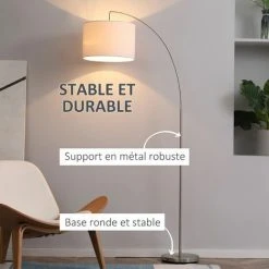 HOMCOM Lampadaire Arc - Lampadaire Arceau Courbé Design Contemporain - Pied Corps Métal Chromé, Abat-jour Polyester Coton Blanc - Gris -Lampadaire Soldes 2022 47140936 5