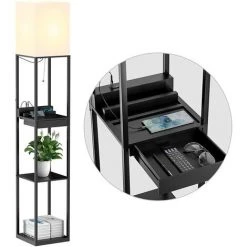 FREOSEN Lampadaire Salon En Bois Massif Avec 2 Ports De Charge USB Et 1 Tiroir, Lampe Sur Pied De Avec En Bois Etagères Pour Chambre Et Salo