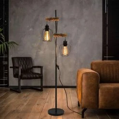 ZMH Lampadaire Vintage, Pour Salon, à 2 Lampes, Design Industriel, En Métal Et Bois,avec Interrupteur, Noir, Culot : E27, Hauteur : 163 Cm, Sans Ampoule -Lampadaire Soldes 2022 51585799 3