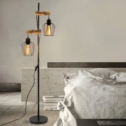 ZMH Lampadaire Vintage, Pour Salon, à 2 Lampes, Design Industriel, En Métal Et Bois,avec Interrupteur, Noir, Culot : E27, Hauteur : 163 Cm, Sans Ampoule -Lampadaire Soldes 2022 51585799 4