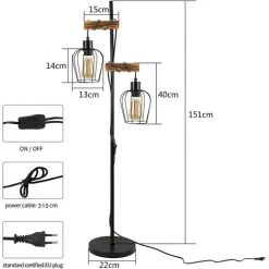 ZMH Lampadaire Vintage, Pour Salon, à 2 Lampes, Design Industriel, En Métal Et Bois,avec Interrupteur, Noir, Culot : E27, Hauteur : 163 Cm, Sans Ampoule -Lampadaire Soldes 2022 51585799 5