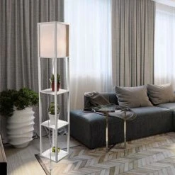 PULUOMIS Lampadaire En Bois Design Lampe Sur Pied Avec 3 Niveaux Etagères Und E27 Base 1.6M Lampadaire étagère Blanc - Blanc