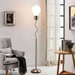 LINDBY Lampadaire 'Bado' En Métal Pour Salon & Salle à Manger - Nickel Satiné, Blanc Opale