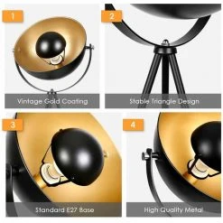 OSASY Lampadaire Trépied Vintage - Style Projecteur De Cinéma - Abat-jour Métal Noir Mat & Or - Douille E27 - 60 W Max. - Hauteur : 148 Cm -Lampadaire Soldes 2022 57334237 3