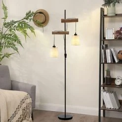Lampadaire Sur Pied En Bois,corde Et Métal Noir, Osasy Luminaire Moderne Lampe De 169 Cm De Haut Dans Un Chambre Vintage,Lampe De Salon Avec Interrupteur, 2* E27 Douille(max. 60 Watt）