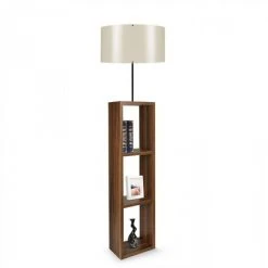 COTECOSY Lampadaire Combiné 3 étagères Taura Tissu Blanc Blanc Créme Et Bois Marron - Crème