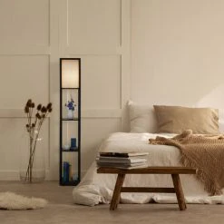 Relaxdays Lampadaire Noir Avec étagères, HLP : 159x26x26 cm, E27, Design Moderne, 3 Surfaces De Rangement, Noir/beige -Lampadaire Soldes 2022 59197281 3