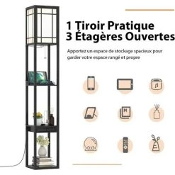 COSTWAY Lampadaire Etagère Salon 1,6M Avec 2 Ports USB,1 Tiroir Et 3 Etagères De Stockage Etagère De Présentation Pour Chambre 60W -Lampadaire Soldes 2022 61219875 3